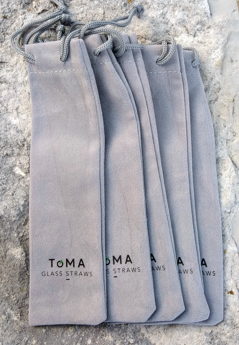 ToMA 5-Pack of Gray Velveteen Drawstring Glass Straw Bags with ToMA Logo